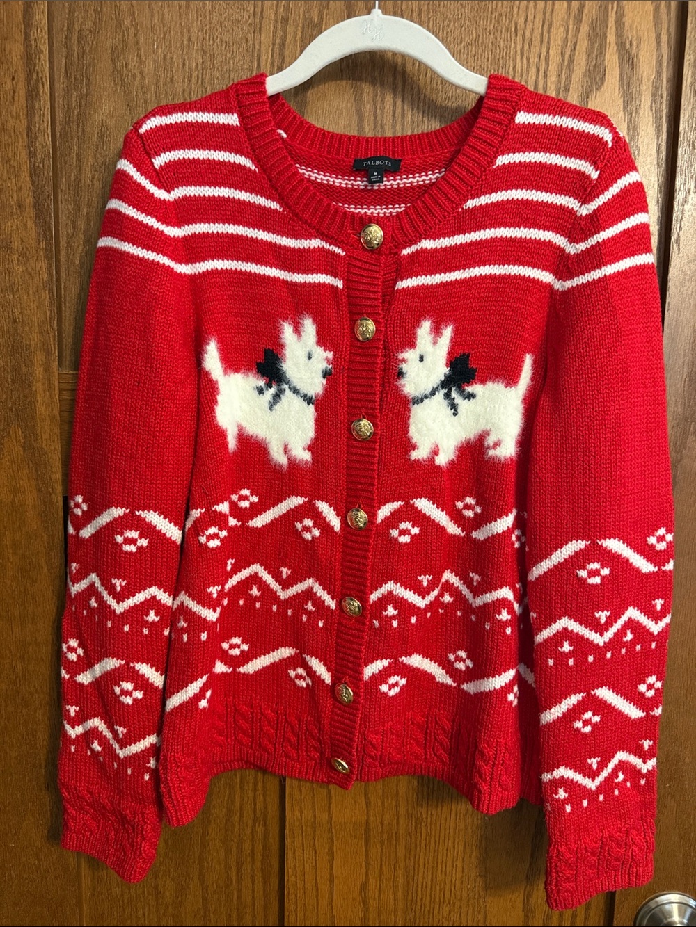 Talbots Red Holiday Dog-Pattern Cardigan Sweater